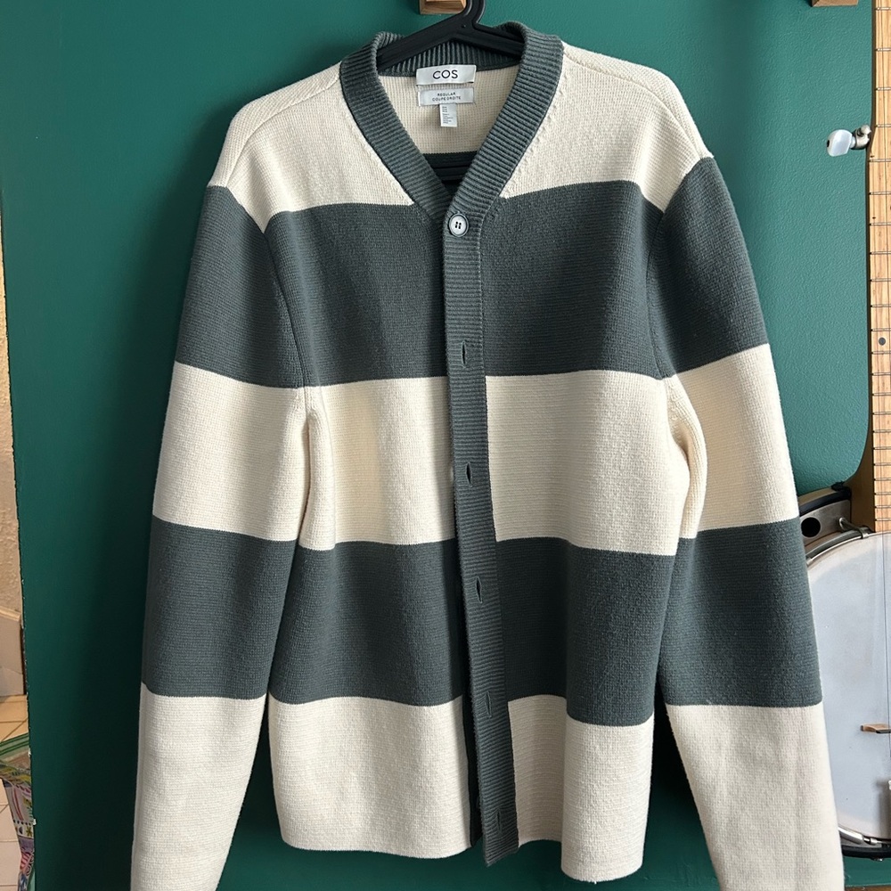 COS Men's Cardigan - Dark Green and Cream Stripes